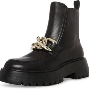 Steve Madden Cleo Black Leather Chunky Lug Sole Curb Chain Ankle Boots 8M